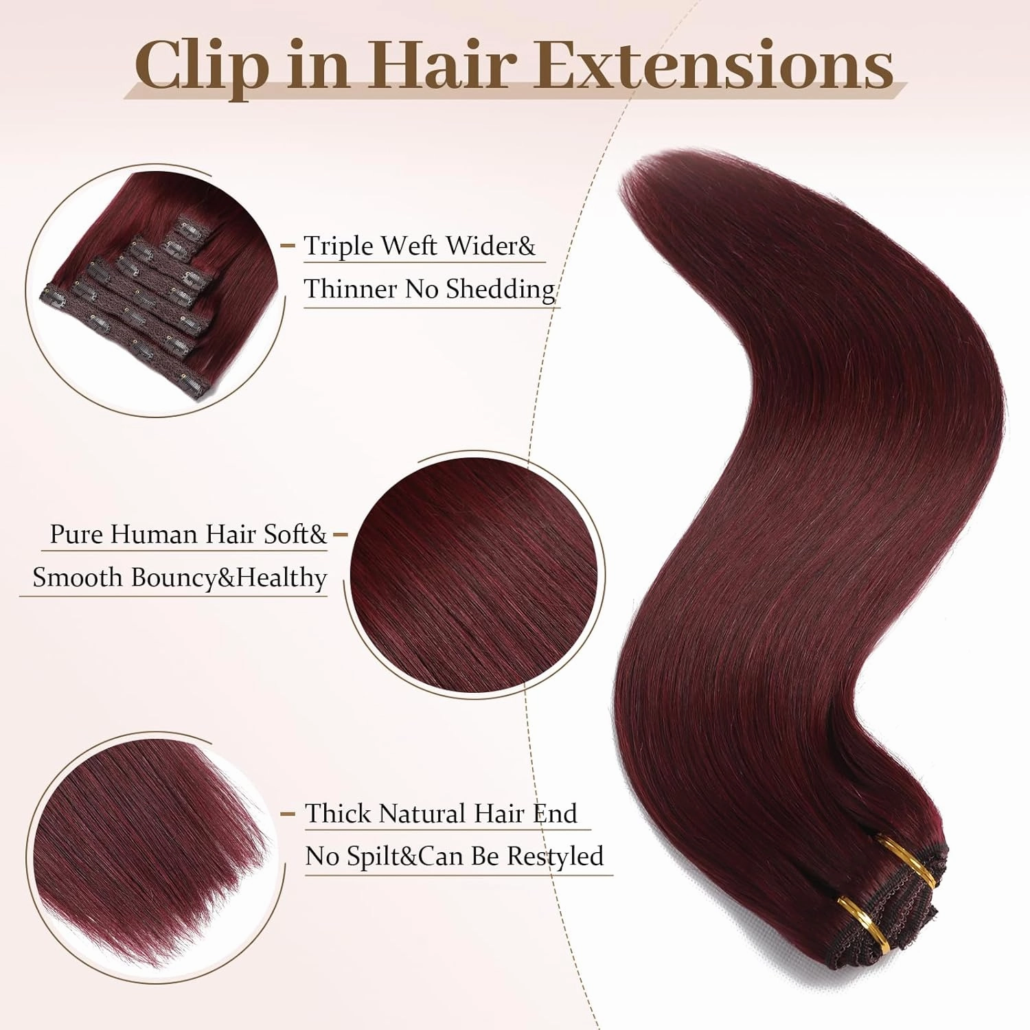 Sisily Clip in Hair Extensions Real Human Hair, Premium Human Hair Clip in Extensions Burgundy Red, Soft Straight Hair Extensions Real Human Hair Clip ins 7PCS Double Weft（18 Inch）