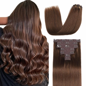 Sisily Clip in Hair Extensions Real Human Hair, Premium Human Hair Clip in Extensions Chocolate Brown, Soft Straight Hair Extensions Real Human Hair Clip ins 7PCS Double Weft（16 Inch #4）