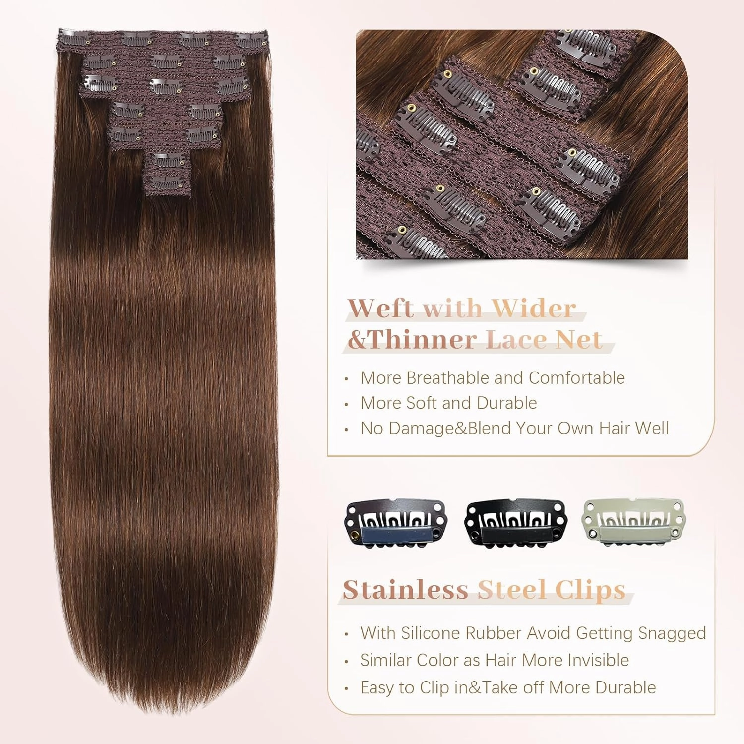 Sisily Clip in Hair Extensions Real Human Hair, Premium Human Hair Clip in Extensions Chocolate Brown, Soft Straight Hair Extensions Real Human Hair Clip ins 7PCS Double Weft（16 Inch #4）