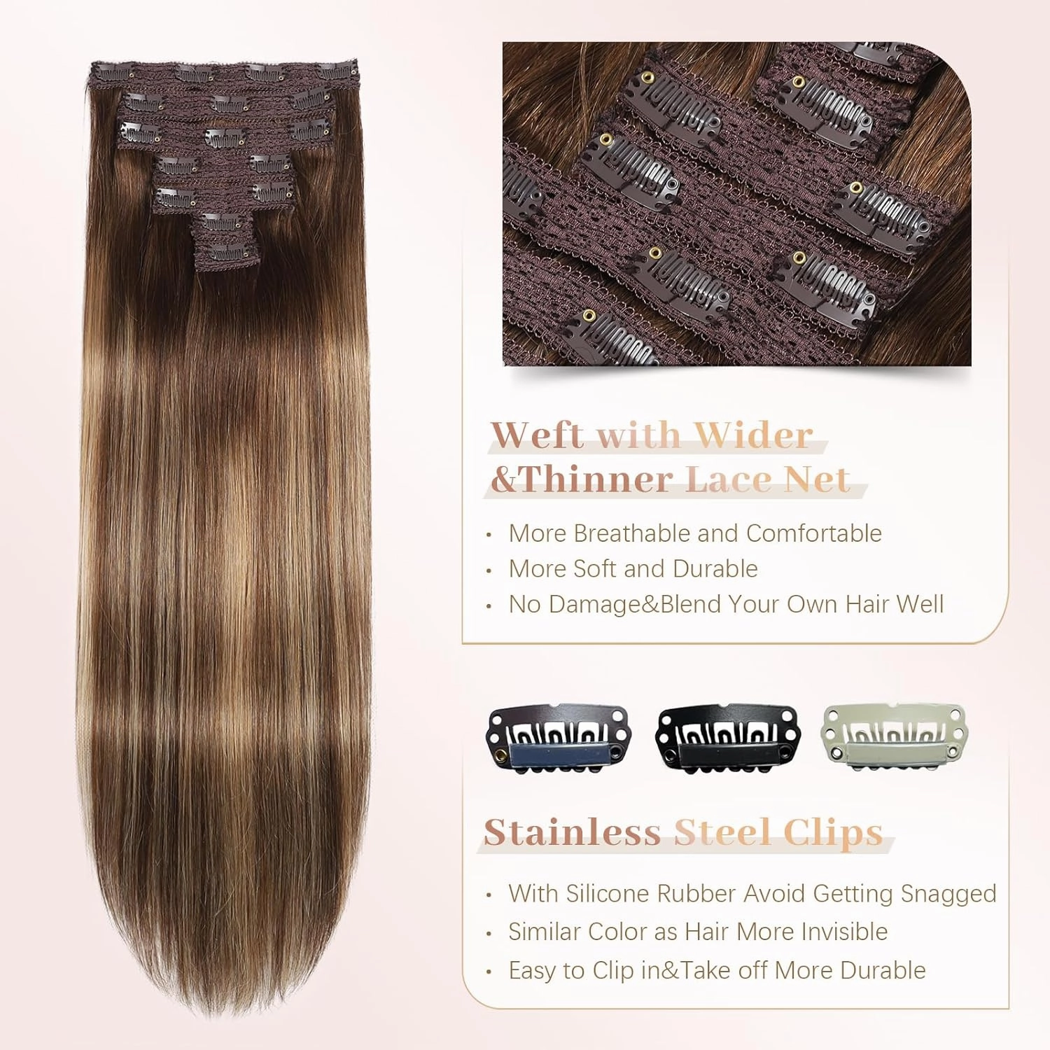 Sisily Clip in Hair Extensions Real Human Hair, Premium Human Hair Clip in Extensions Chocolate Brown to Blonde Balayage, Soft Straight Hair Extensions Real Human Hair Clip ins 7PCS （18 Inch）