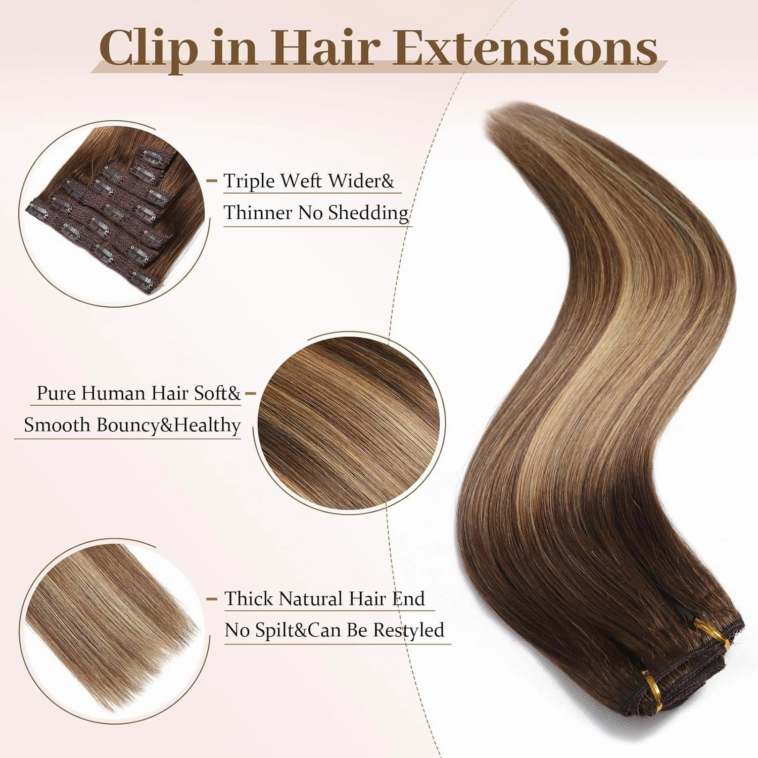 Sisily Clip in Hair Extensions Real Human Hair, Premium Human Hair Clip in Extensions Chocolate Brown to Blonde Balayage, Soft Straight Hair Extensions Real Human Hair Clip ins 7PCS （20 Inch）