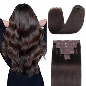 Sisily Clip in Hair Extensions Real Human Hair, Premium Human Hair Clip in Extensions Dark Brown, Soft Straight Hair Extensions Real Human Hair Clip ins 7PCS Double Weft（18 Inch #2）