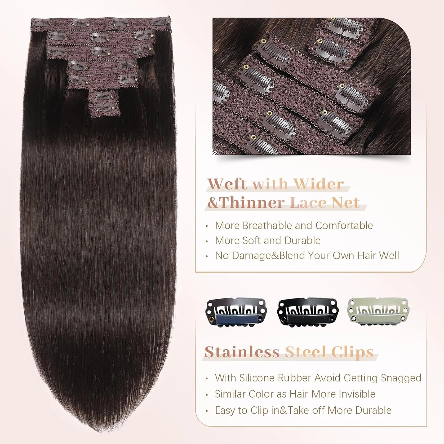Sisily Clip in Hair Extensions Real Human Hair, Premium Human Hair Clip in Extensions Dark Brown, Soft Straight Hair Extensions Real Human Hair Clip ins 7PCS Double Weft（18 Inch #2）