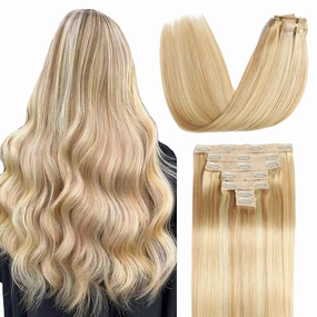 Sisily Clip in Hair Extensions Real Human Hair, Premium Human Hair Clip in Extensions Dirty Blonde to Bleach Blonde Highlight, Soft Straight Hair Extensions Real Human Hair Clip ins 7PCS （20 Inch）