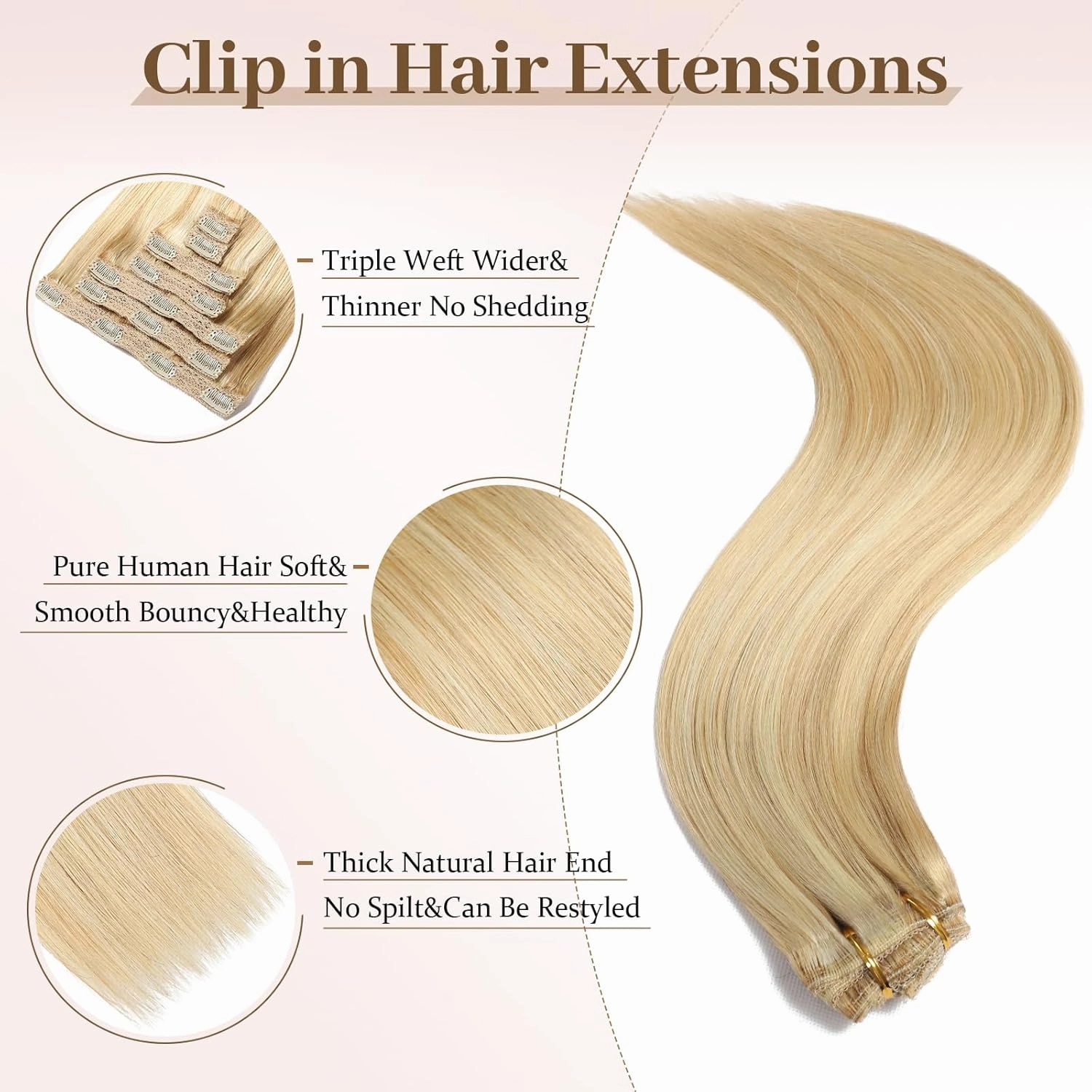 Sisily Clip in Hair Extensions Real Human Hair, Premium Human Hair Clip in Extensions Dirty Blonde to Bleach Blonde Highlight, Soft Straight Hair Extensions Real Human Hair Clip ins 7PCS （20 Inch）