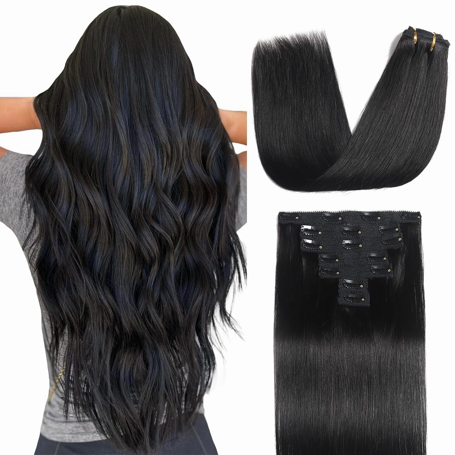 Sisily Clip in Hair Extensions Real Human Hair, Premium Human Hair Clip in Extensions Natural Black, Soft Straight Hair Extensions Real Human Hair Clip ins 7PCS Double Weft（16 Inch #1B）