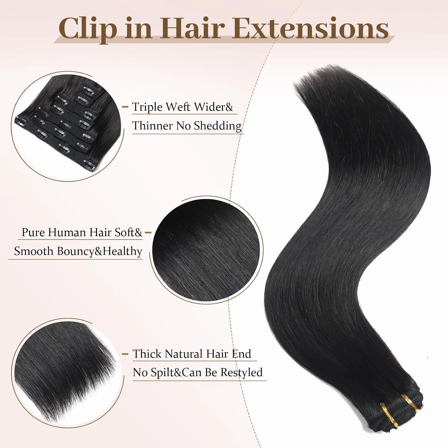 Sisily Clip in Hair Extensions Real Human Hair, Premium Human Hair Clip in Extensions Natural Black, Soft Straight Hair Extensions Real Human Hair Clip ins 7PCS Double Weft（16 Inch #1B）