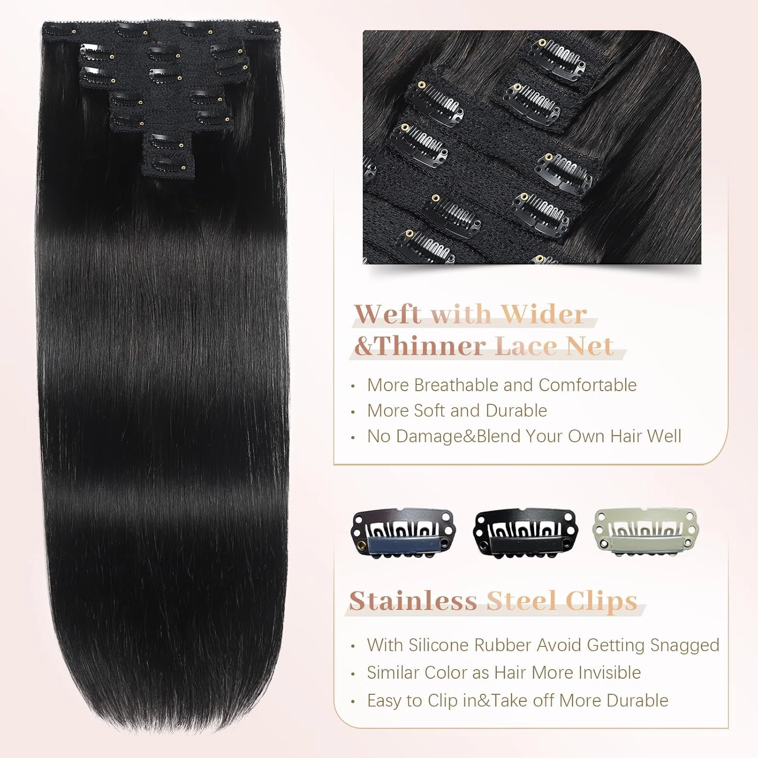 Sisily Clip in Hair Extensions Real Human Hair, Premium Human Hair Clip in Extensions Natural Black, Soft Straight Hair Extensions Real Human Hair Clip ins 7PCS Double Weft（16 Inch #1B）