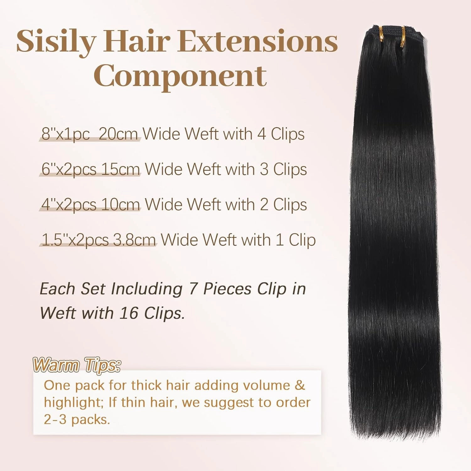 Sisily Clip in Hair Extensions Real Human Hair, Premium Human Hair Clip in Extensions Natural Black, Soft Straight Hair Extensions Real Human Hair Clip ins 7PCS Double Weft（16 Inch #1B）