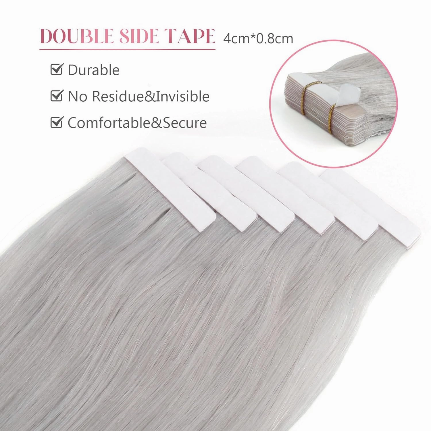 Sixstarhair Tape in Hair Extensions Human Hair Silky Straight Platinum Sliver Color Remy Human Hair Gray Tape Hair Extensions 20 Pieces Pack 50g For White Women [#Silver Gray 14inch]