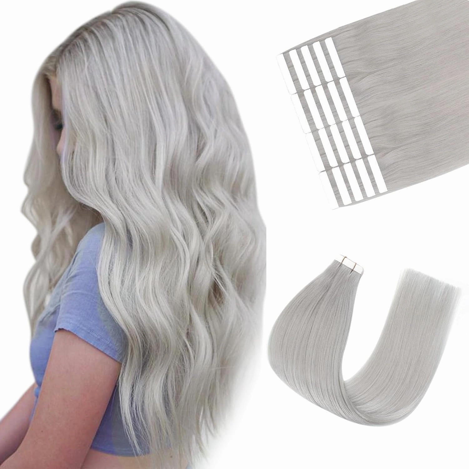 Sixstarhair Tape in Hair Extensions Human Hair Silky Straight Platinum Sliver Color Remy Human Hair Gray Tape Hair Extensions 20 Pieces Pack 50g For White Women [#Silver Gray 14inch]