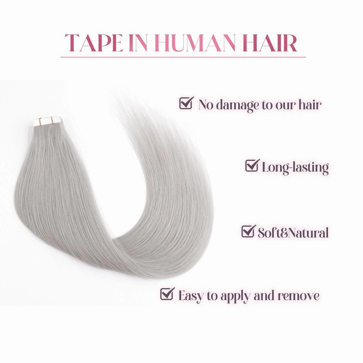 Sixstarhair Tape in Hair Extensions Human Hair Silky Straight Platinum Sliver Color Remy Human Hair Gray Tape Hair Extensions 20 Pieces Pack 50g For White Women [#Silver Gray 14inch]
