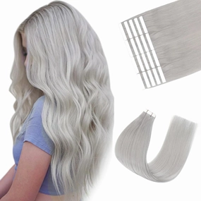 Sixstarhair Tape in Hair Extensions Human Hair Silky Straight Platinum Sliver Color Remy Human Hair Gray Tape Hair Extensions 20 Pieces Pack 50g For White Women [#Silver Gray 14inch]