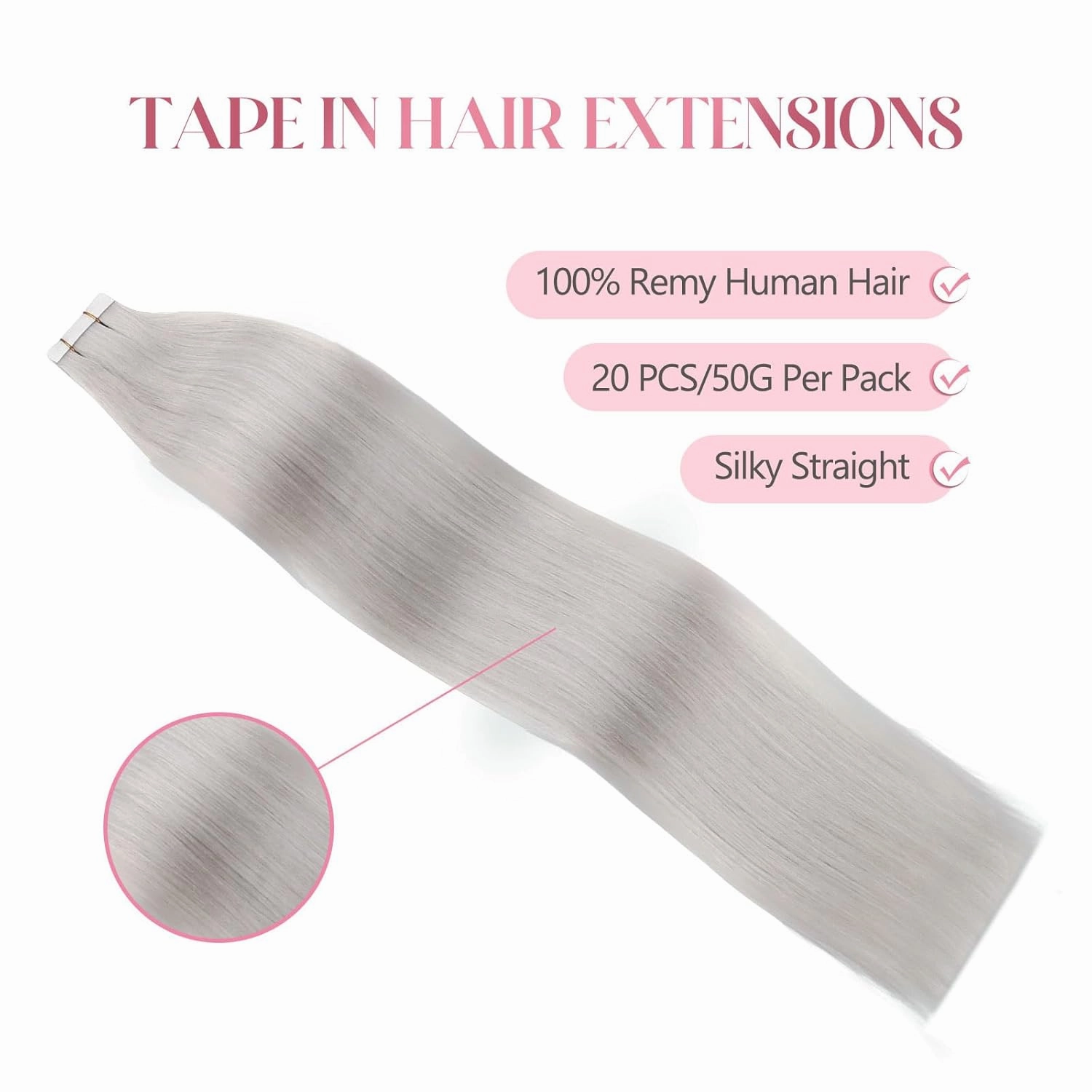 Sixstarhair Tape in Hair Extensions Human Hair Silky Straight Platinum Sliver Color Remy Human Hair Gray Tape Hair Extensions 20 Pieces Pack 50g For White Women [#Silver Gray 14inch]