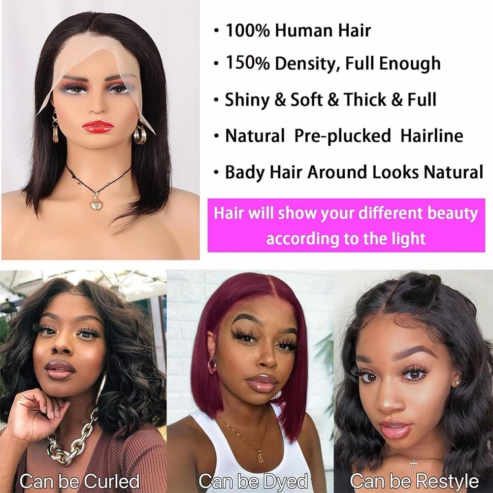 Skin Bob Wig Human Hair 13x4 Lace Frontal Wig Straight Short Bob Wigs for Women Glueless Bob Wigs Human Hair Pre Plucked Free Part Natural Color 10 Inch 180 Density