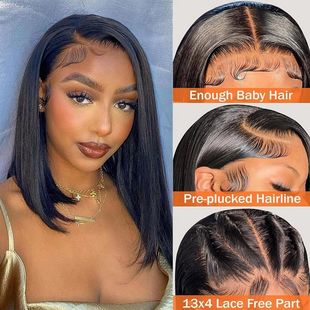 Skin Bob Wig Human Hair 13x4 Lace Frontal Wig Straight Short Bob Wigs for Women Glueless Bob Wigs Human Hair Pre Plucked Free Part Natural Color 10 Inch 180 Density