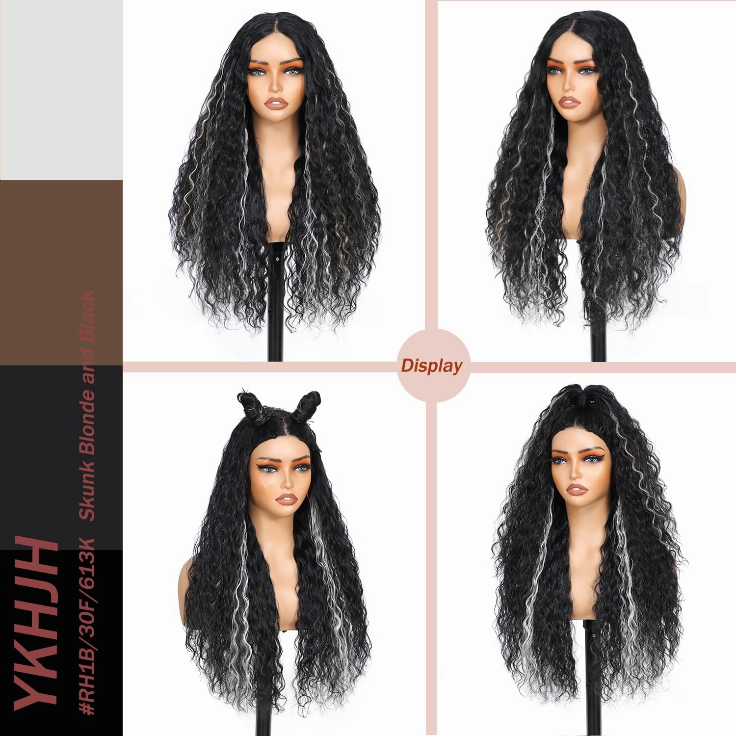 Skunk Blonde and Black Synthetic Lace Front Wig, Curly Hair Glueless Wigs For Women,Curly Synthetic Wig Upgraded with Premium Human-Hair-Like Fiber (Skunk Blonde and Black)