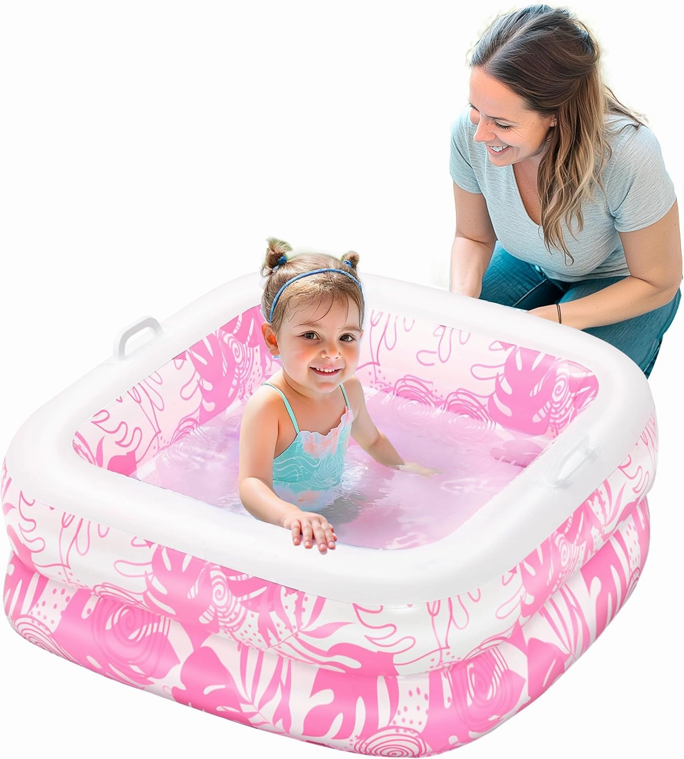 SLOOSH Inflatable Kiddie Pool for Kids, 32"x32"x8.5" Swimming Pool with Soft Pad for Kid & Toddler, Square Blow Up Baby Ball Play Pit Pools for Swim Party, Portable Indoor & Outdoor Water Toys (Pink)