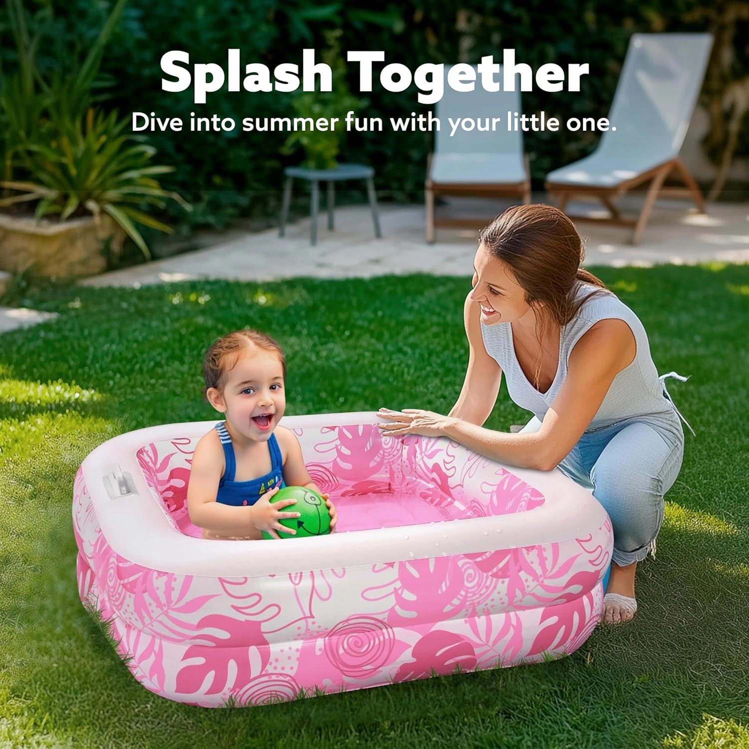 SLOOSH Inflatable Kiddie Pool for Kids, 32"x32"x8.5" Swimming Pool with Soft Pad for Kid & Toddler, Square Blow Up Baby Ball Play Pit Pools for Swim Party, Portable Indoor & Outdoor Water Toys (Pink)