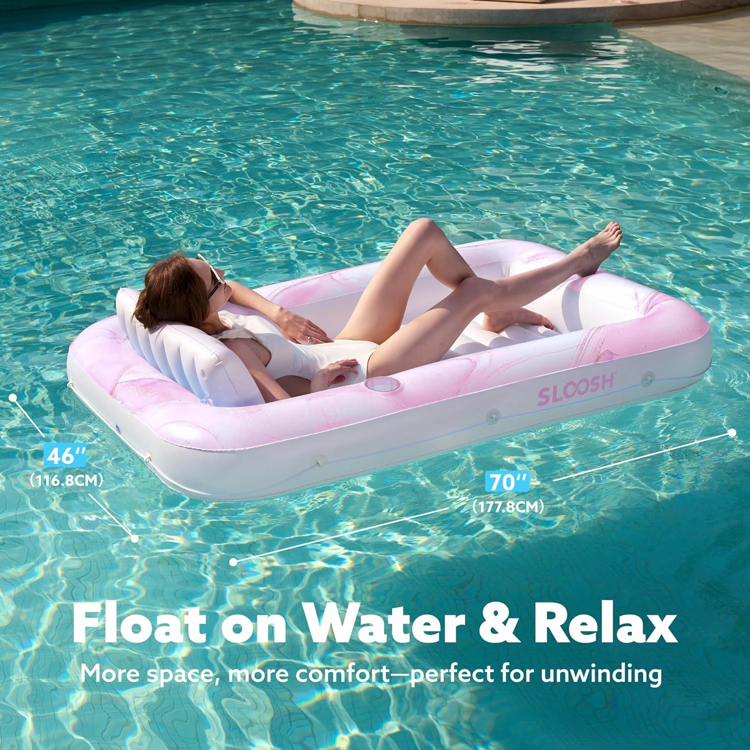 SLOOSH Inflatable Tanning Pool Lounger Float, 70" x 46" Pool Floats Adult with Pillow, 4 in 1 Suntan Tub Raft Floatie,Sunbathing Bed Lounge for Water Blow Up Ball Pit Party Gifts, Pink Marble