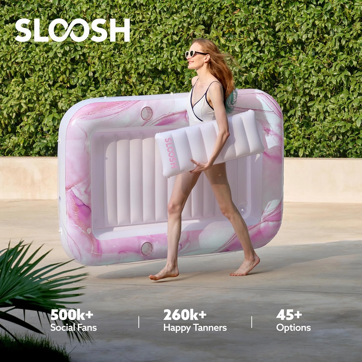 SLOOSH Inflatable Tanning Pool Lounger Float, 70" x 46" Pool Floats Adult with Pillow, 4 in 1 Suntan Tub Raft Floatie,Sunbathing Bed Lounge for Water Blow Up Ball Pit Party Gifts, Pink Marble