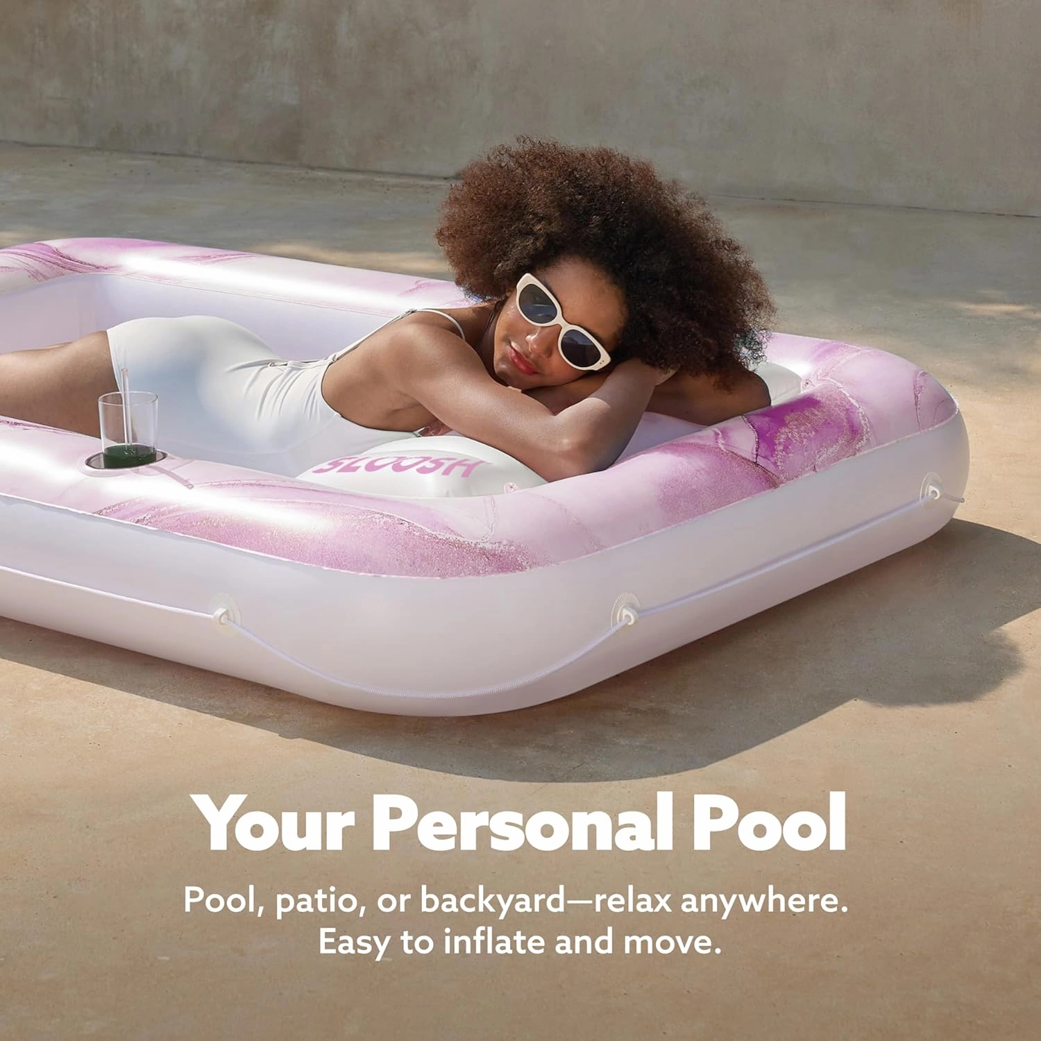 SLOOSH Inflatable Tanning Pool Lounger Float, 70" x 46" Pool Floats Adult with Pillow, 4 in 1 Suntan Tub Raft Floatie,Sunbathing Bed Lounge for Water Blow Up Ball Pit Party Gifts, Pink Marble
