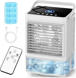 Small Air Conditioner w/LED Screen, 1100ML Tank, 8-Cube Ice Tray, 120° Oscillating, 16.5FT Remote, 2 Cool Mist & 3 Speeds Evaporative Air Cooler, 4H Timer, 7 Night Light Desk Portable AC Unit