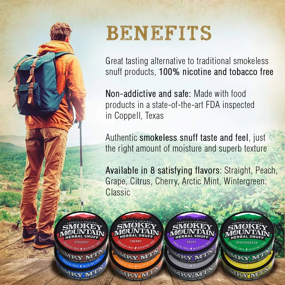 Smokey Mountain Herbal Long Cut – Straight – 10 Can Box - Tobacco Free and Nicotine Free Snuff