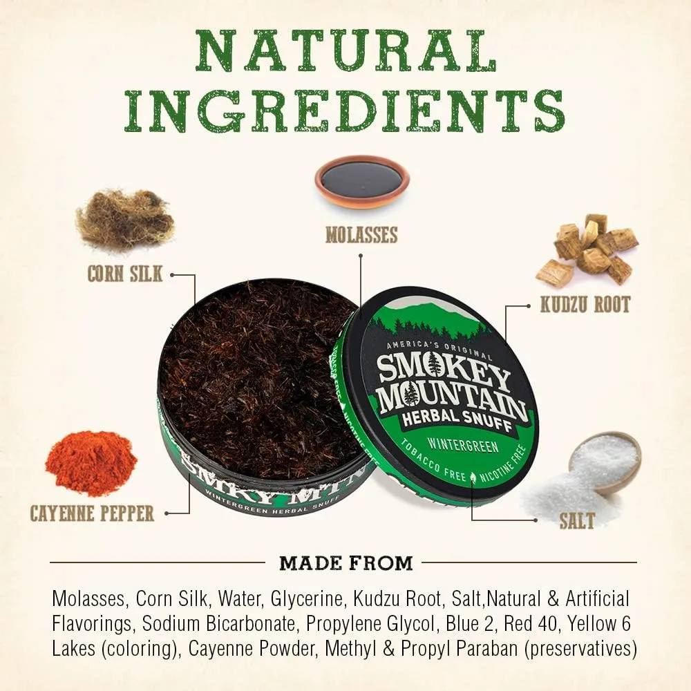 Smokey Mountain Herbal Long Cut – Wintergreen – 10 Can Box - Tobacco Free and Nicotine Free Snuff