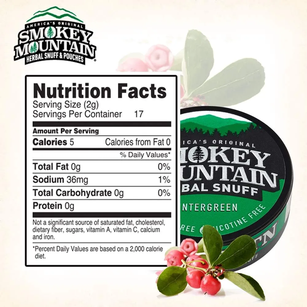 Smokey Mountain Herbal Long Cut – Wintergreen – 5 Can Box - Tobacco Free and Nicotine Free Snuff