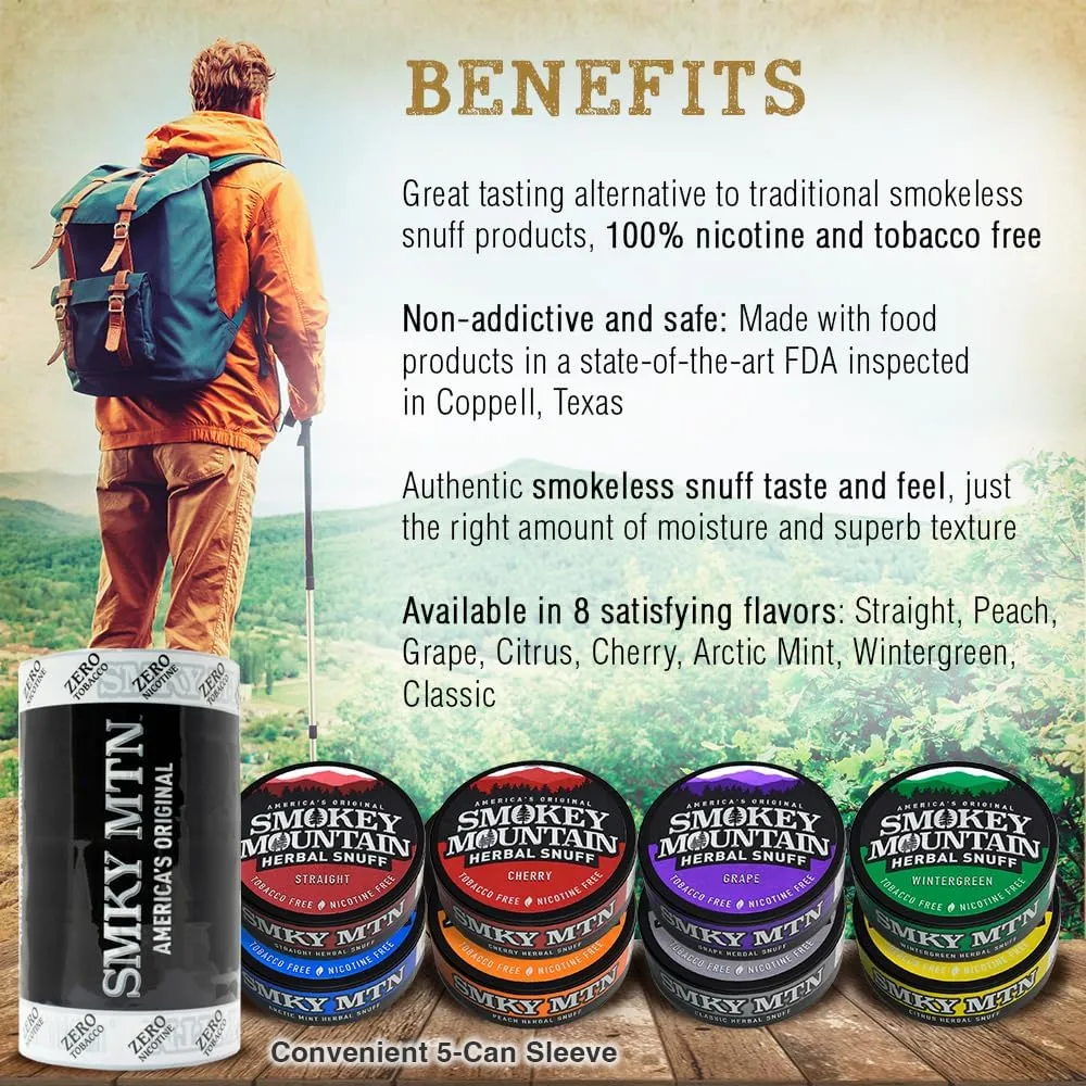 Smokey Mountain Herbal Long Cut – Wintergreen – 5 Can Box - Tobacco Free and Nicotine Free Snuff