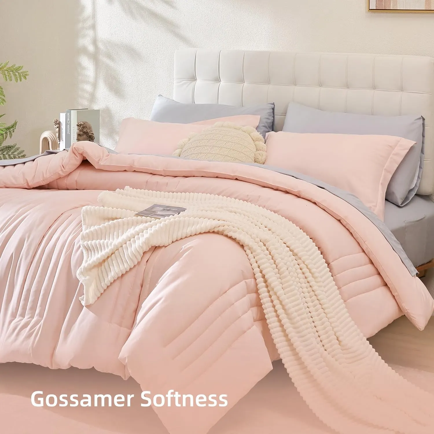 Smoofy Full Size Comforter Set 7 Pieces, Pink Comforter Full with Vertical Stripe, Bedding Sets Full Bed in a Bag for All Seasons, Lightweight Full Size Bed Set with Sheets, Pillowcases & Shams