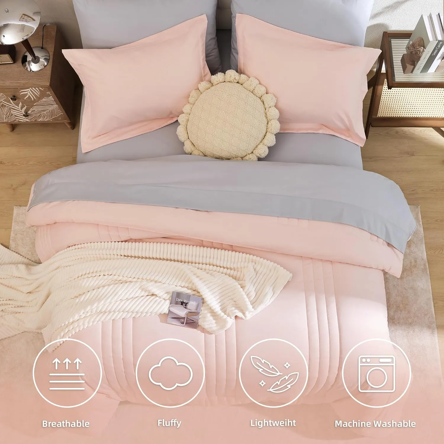 Smoofy Full Size Comforter Set 7 Pieces, Pink Comforter Full with Vertical Stripe, Bedding Sets Full Bed in a Bag for All Seasons, Lightweight Full Size Bed Set with Sheets, Pillowcases & Shams