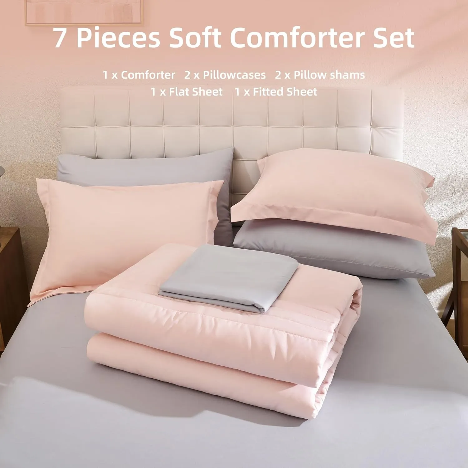 Smoofy Full Size Comforter Set 7 Pieces, Pink Comforter Full with Vertical Stripe, Bedding Sets Full Bed in a Bag for All Seasons, Lightweight Full Size Bed Set with Sheets, Pillowcases & Shams