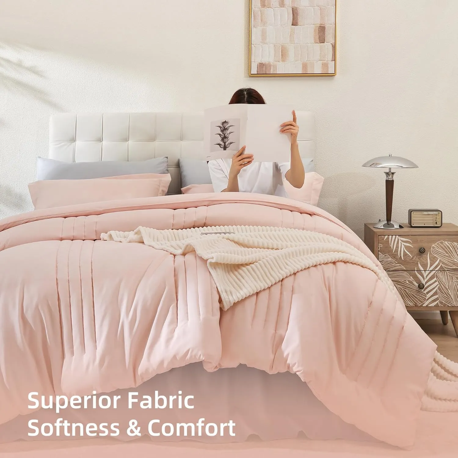 Smoofy Full Size Comforter Set 7 Pieces, Pink Comforter Full with Vertical Stripe, Bedding Sets Full Bed in a Bag for All Seasons, Lightweight Full Size Bed Set with Sheets, Pillowcases & Shams
