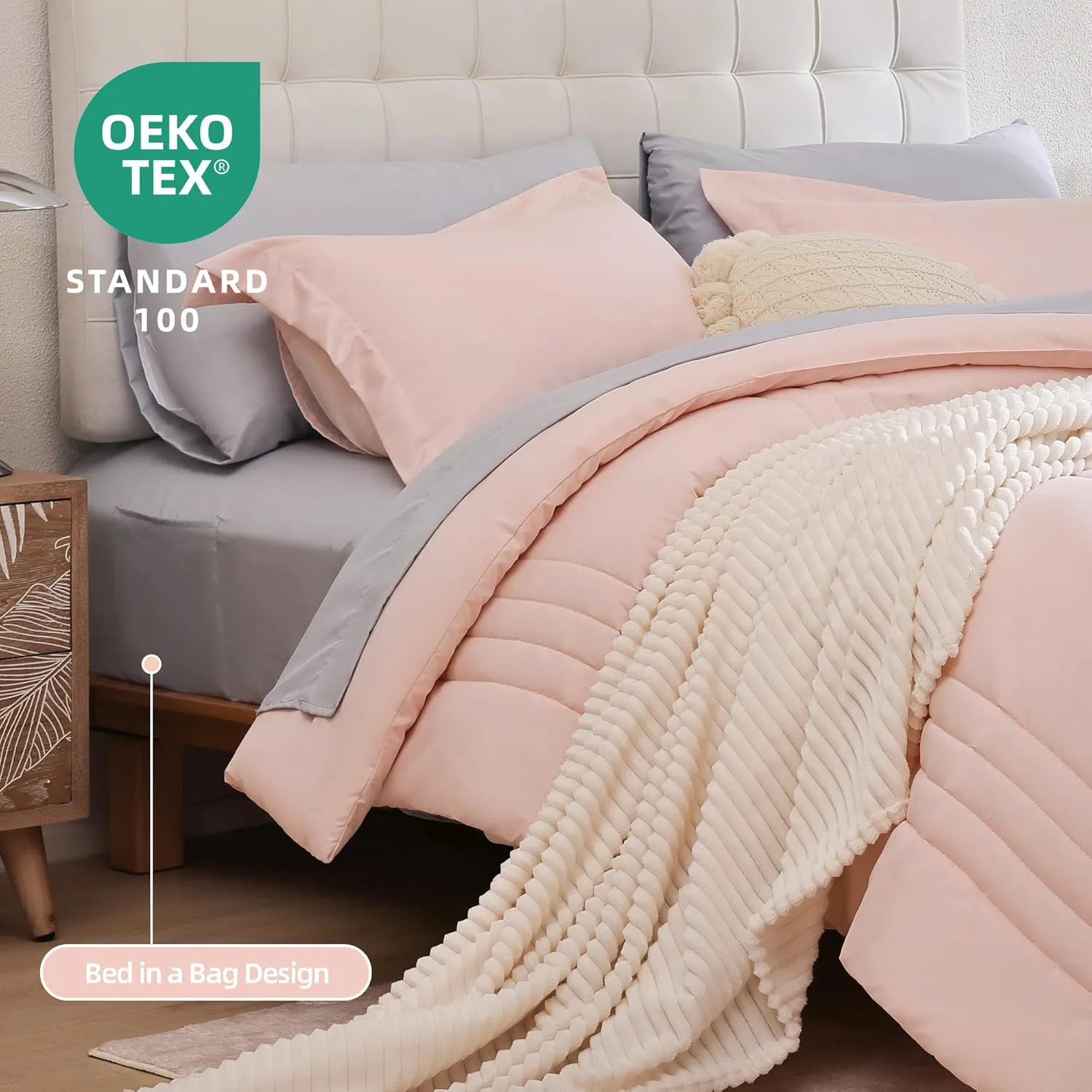 Smoofy Full Size Comforter Set 7 Pieces, Pink Comforter Full with Vertical Stripe, Bedding Sets Full Bed in a Bag for All Seasons, Lightweight Full Size Bed Set with Sheets, Pillowcases & Shams