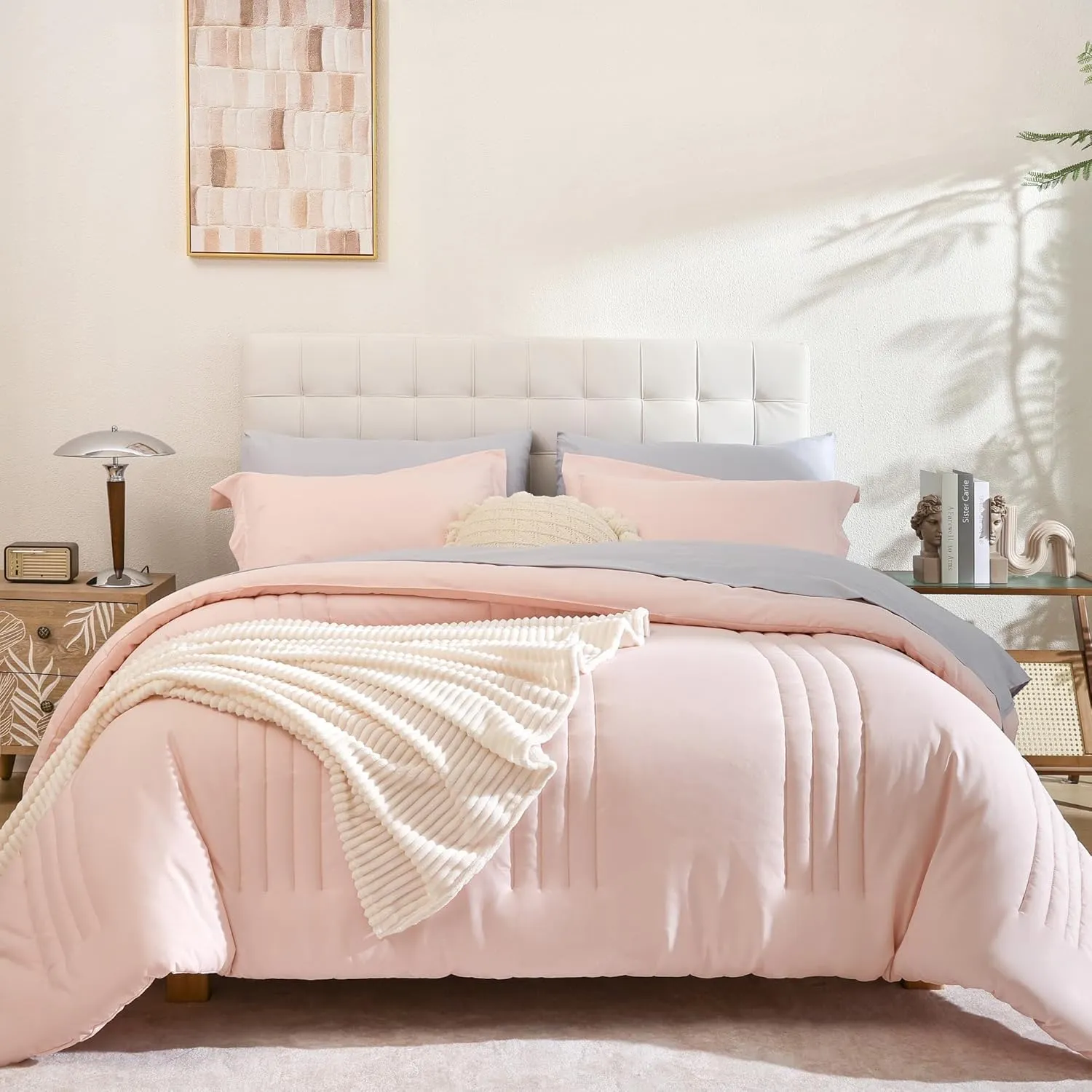 Smoofy Full Size Comforter Set 7 Pieces, Pink Comforter Full with Vertical Stripe, Bedding Sets Full Bed in a Bag for All Seasons, Lightweight Full Size Bed Set with Sheets, Pillowcases & Shams