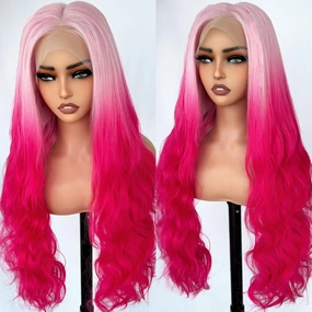 SOKU 13x6 Body Wave Lace Front Wigs 28 Inch Natural Wave Synthetic Wigs with Baby Hair Ombre Pink Lace Frontal Wigs with Light Pink Roots Pre Plucked Glueless HD Wavy Wig for Women