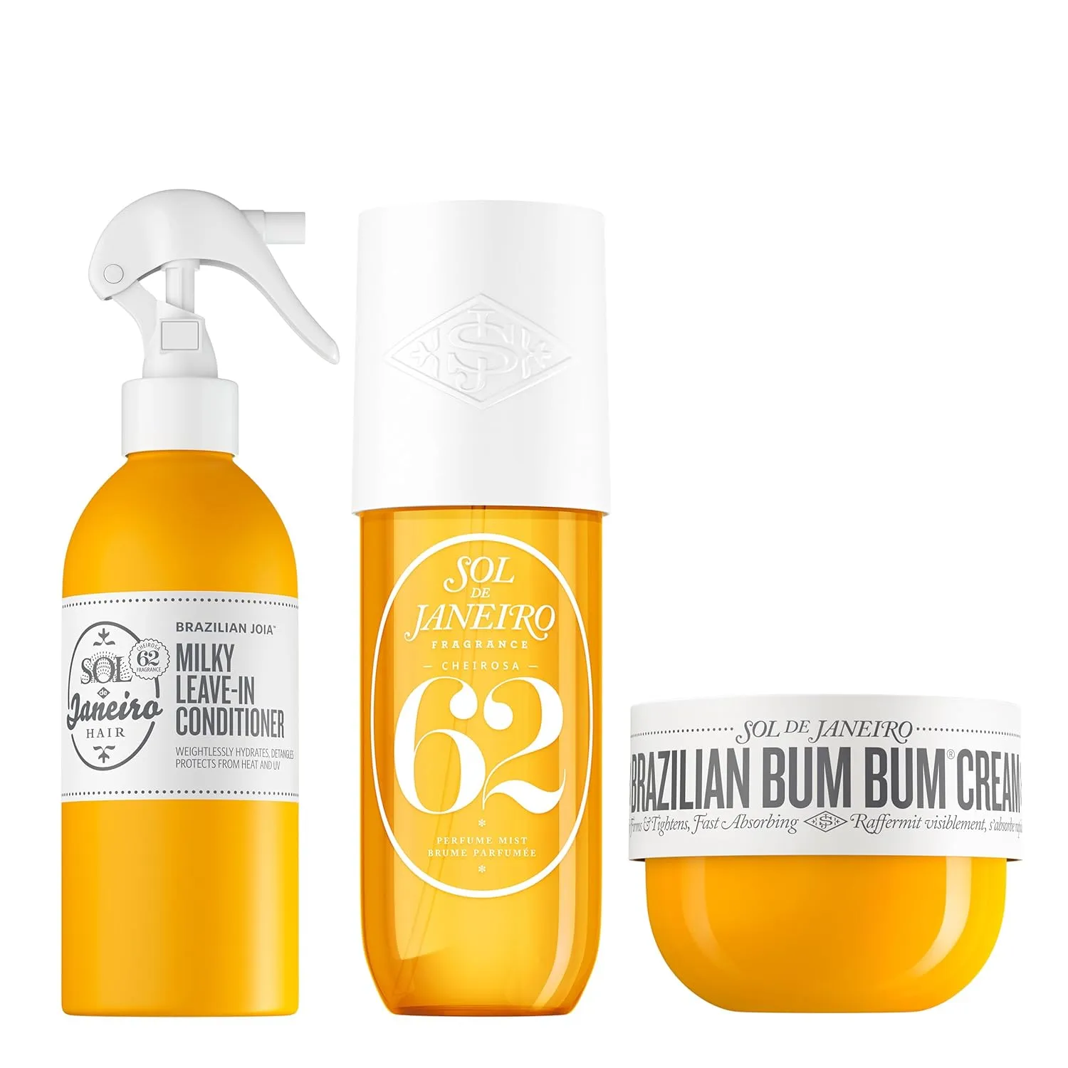 SOL DE JANEIRO Brazilian Bum Bum Cream, Milky Leave-In Conditioner, and Cheirosa 62 Hair & Body Perfume Mist Bundle