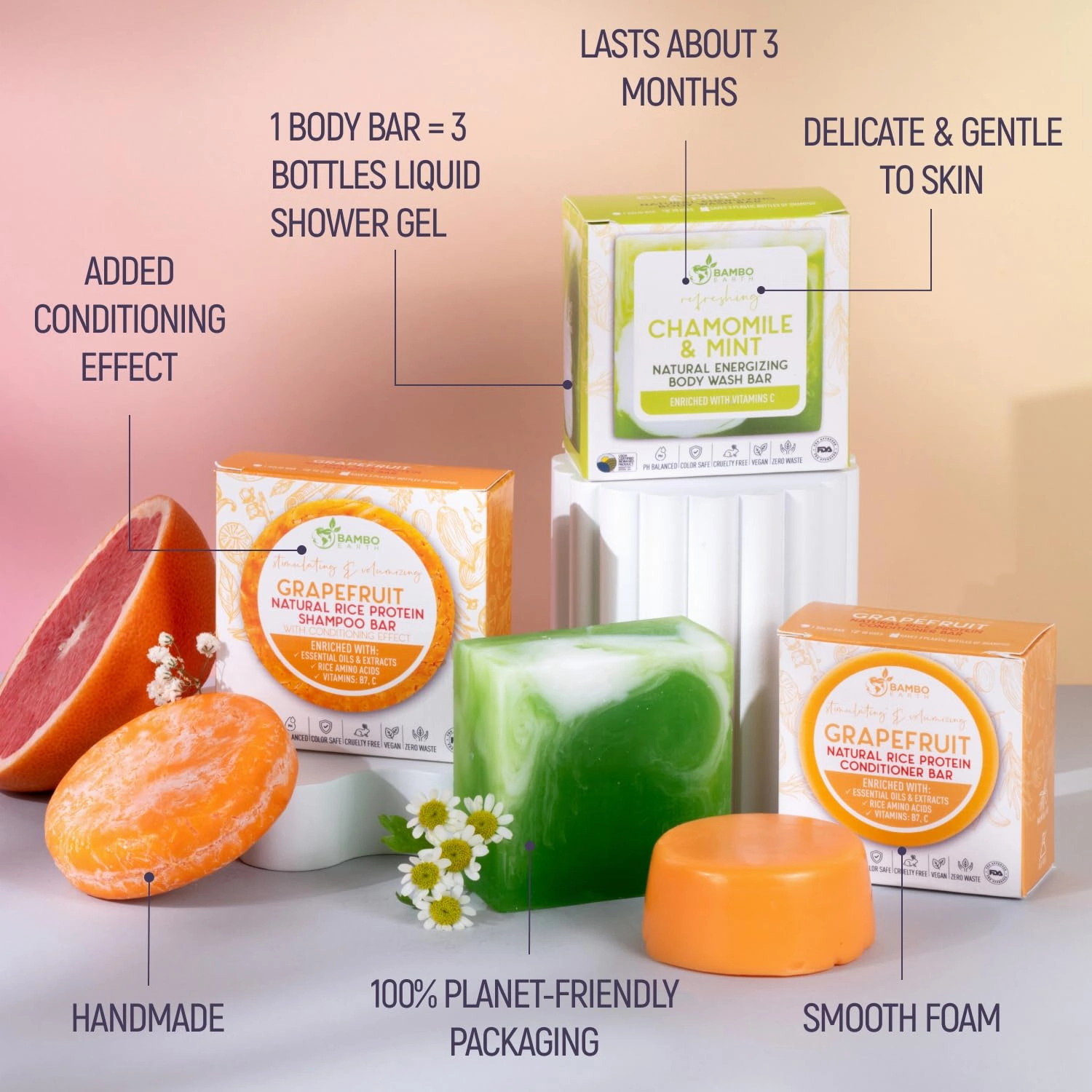 Solid Rice Protein Shampoo, Conditioner and Body Wash Bundle | Shampoo, Conditioner & Wash Bars For Hair and Body w/All Natural Essential Oils & Zero Waste Packaging (Grapefruit, Chamomile & Mint)