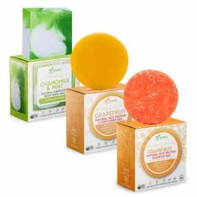 Solid Rice Protein Shampoo, Conditioner and Body Wash Bundle | Shampoo, Conditioner & Wash Bars For Hair and Body w/All Natural Essential Oils & Zero Waste Packaging (Grapefruit, Chamomile & Mint)