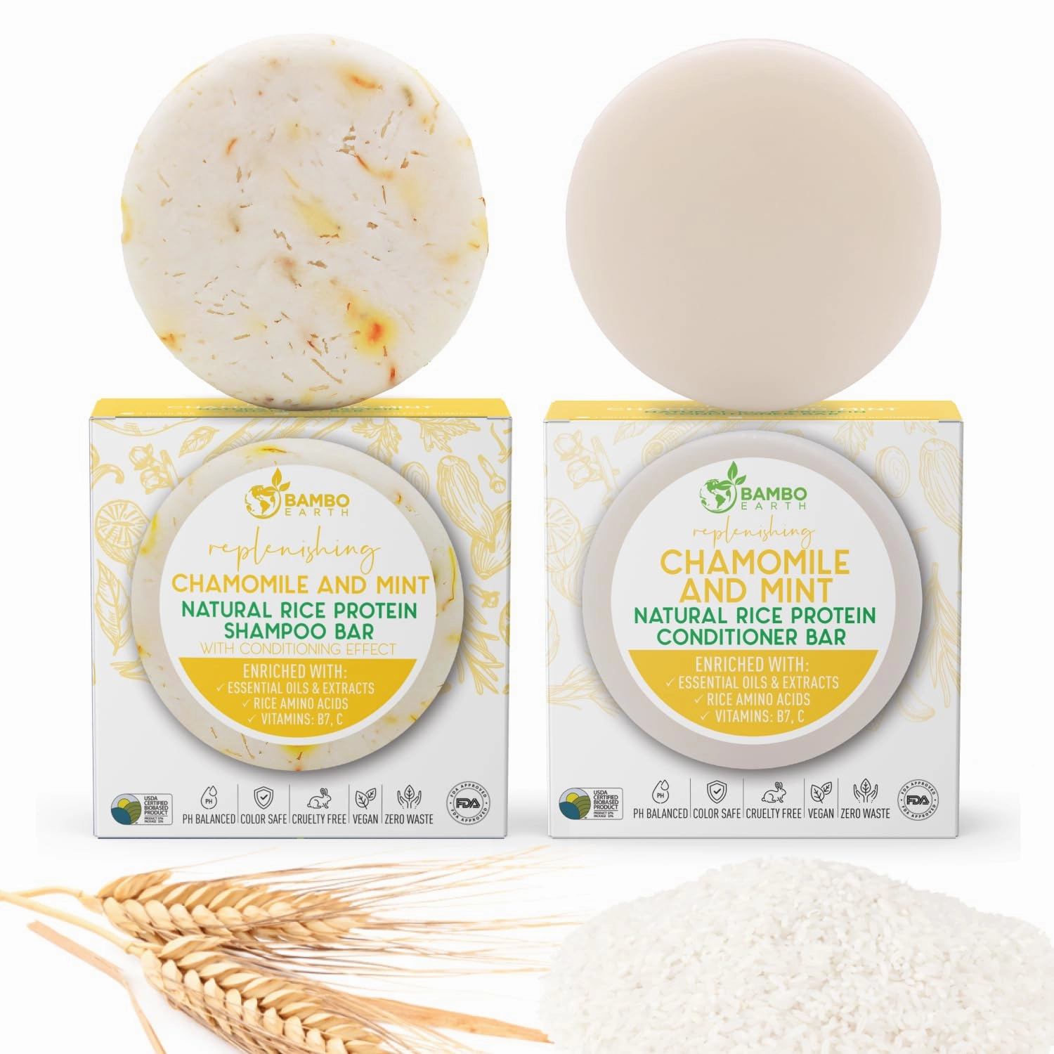 Solid Rice Protein Water Shampoo & Conditioner Hair Soap – Shampoo and Conditioner Bars For Hair With All Natural Plant Based Essential Oils And Zero Waste Packaging (Chamomile & Mint)