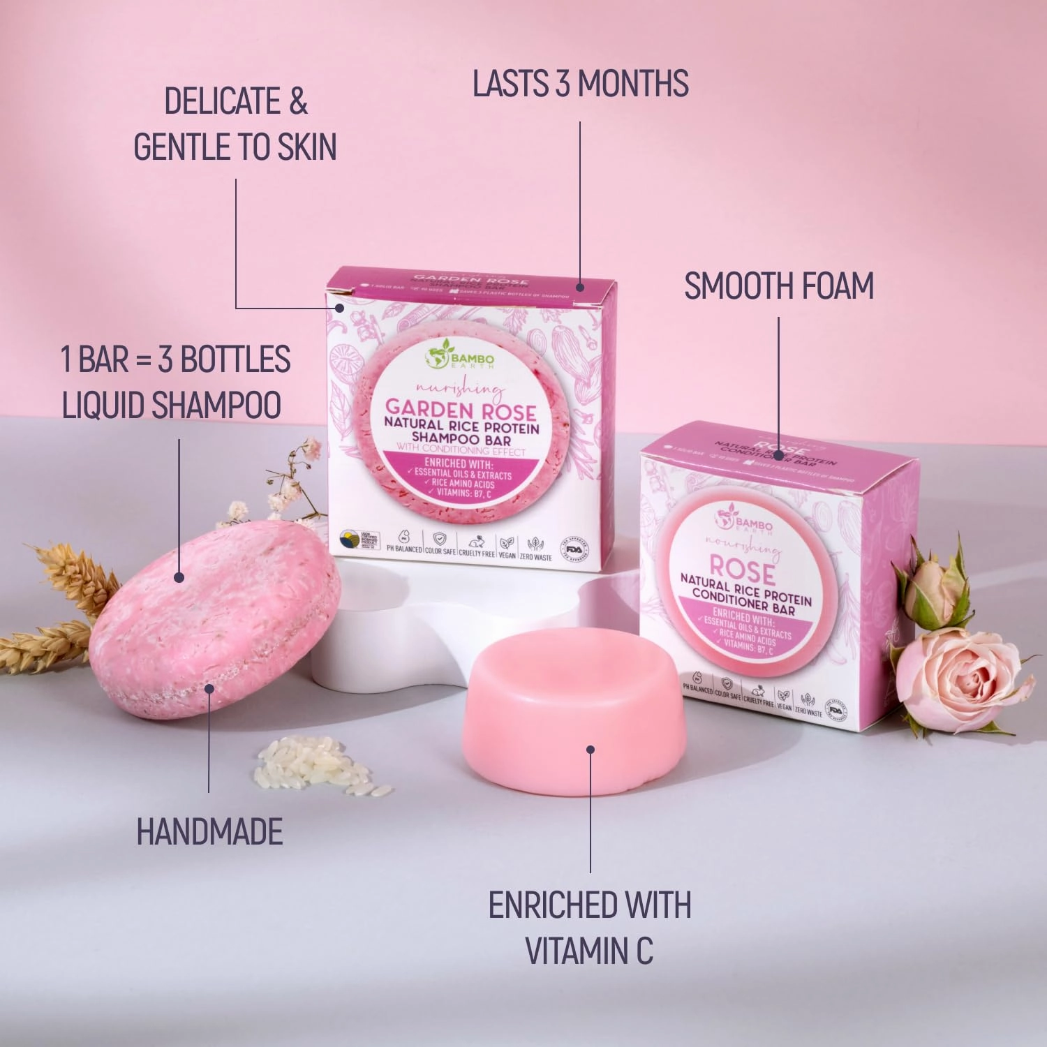 Solid Rice Protein Water Shampoo & Conditioner Hair Soap – Shampoo and Conditioner Bars For Hair With All Natural Plant Based Essential Oils And Zero Waste Packaging (Rose)