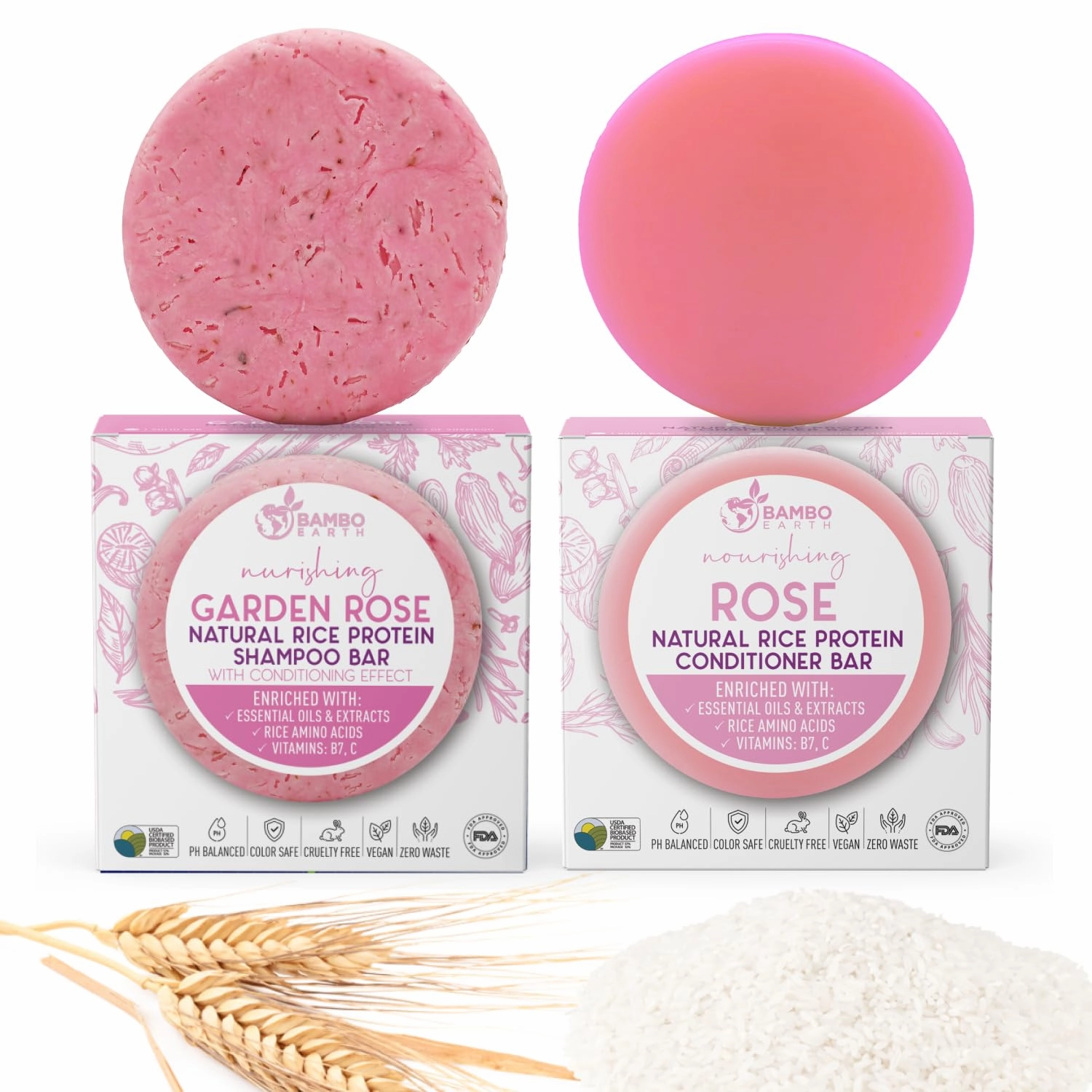 Solid Rice Protein Water Shampoo & Conditioner Hair Soap – Shampoo and Conditioner Bars For Hair With All Natural Plant Based Essential Oils And Zero Waste Packaging (Rose)