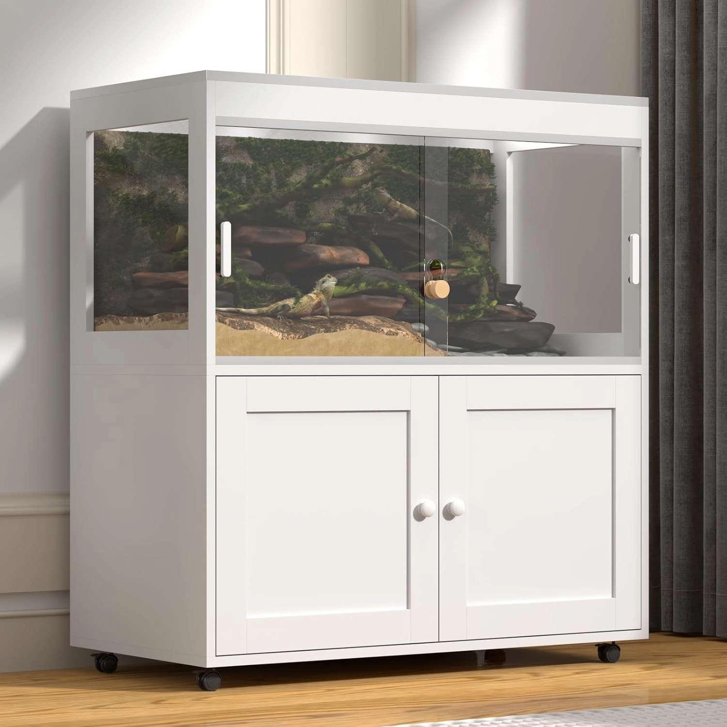 Spacious 60-Gallon Reptile Enclosure with Storage Cabinet – Sliding Door & Ventilated Metal Mesh Roof, Mobile Habitat for Snakes, Lizards & Geckos