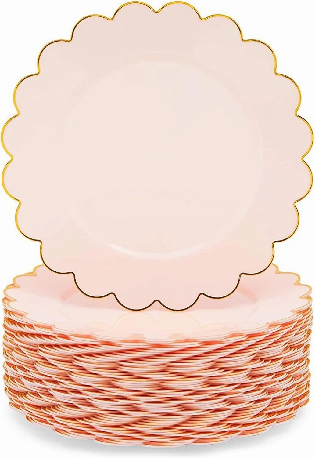 Sparkle and Bash 50 Pack Pink and Gold Plastic Plates, 9 Inch Scalloped Plates with Gold Rim for Birthday Party, & Baby Shower