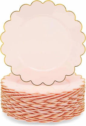 Sparkle and Bash 50 Pack Pink and Gold Plastic Plates, 9 Inch Scalloped Plates with Gold Rim for Birthday Party, & Baby Shower