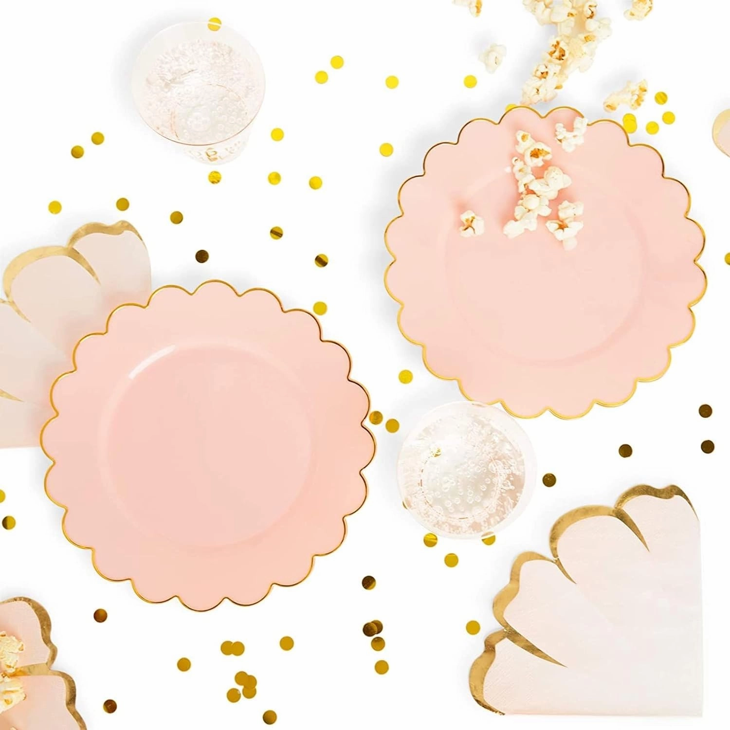 Sparkle and Bash 50 Pack Pink and Gold Plastic Plates, 9 Inch Scalloped Plates with Gold Rim for Birthday Party, & Baby Shower