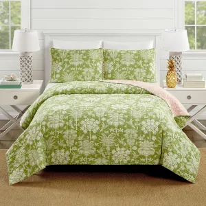 Spartina 449 Queenie Palm Royale Reversible Quilt and Pillow Sham Set, 3-Piece All Cotton Tropical Lightweight Quilted Bedding Set - Full Queen Size, Green/Pink
