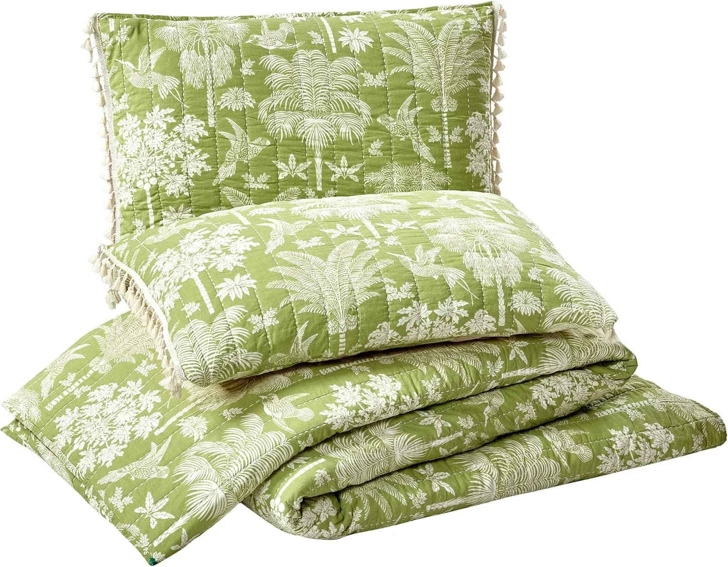 Spartina 449 Queenie Palm Royale Reversible Quilt and Pillow Sham Set, 3-Piece All Cotton Tropical Lightweight Quilted Bedding Set - Full Queen Size, Green/Pink